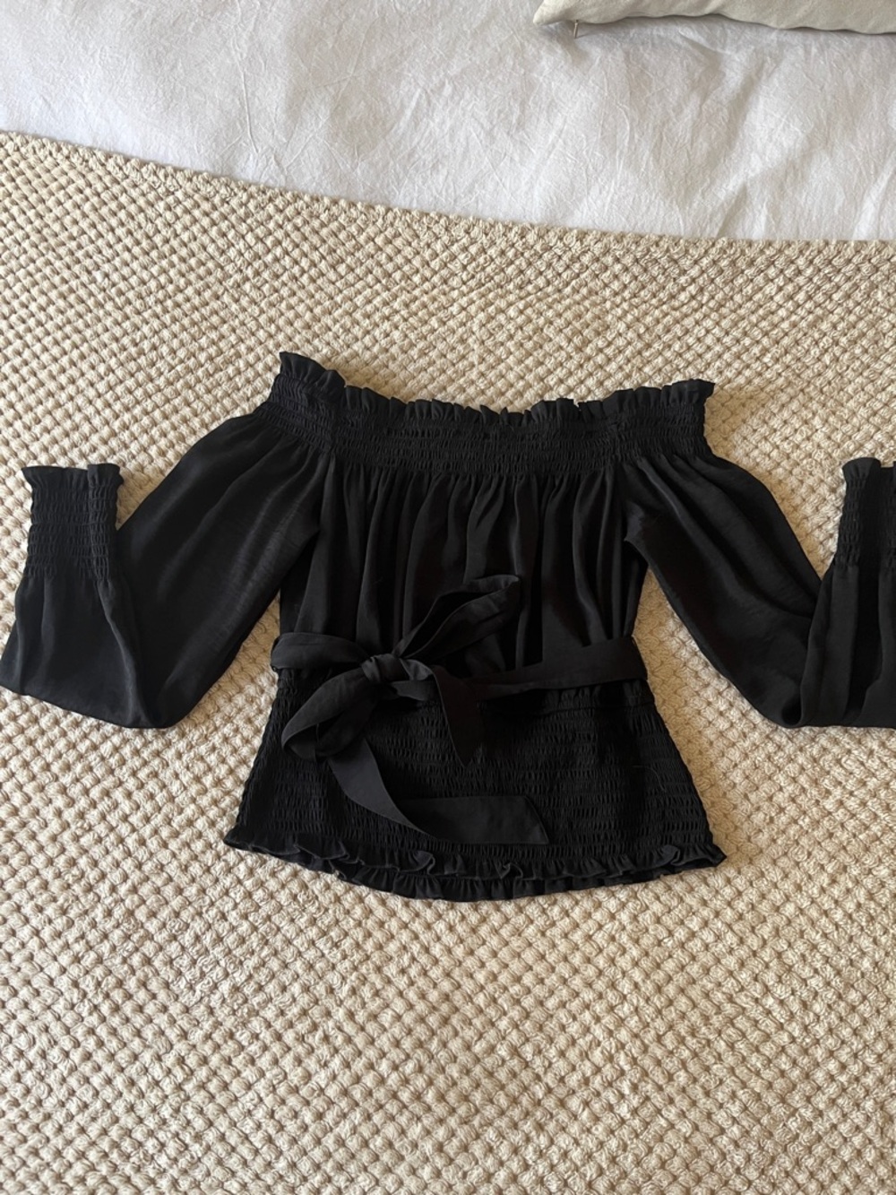 Express Black Off-Shoulder Smocked Waist Tie Blouse